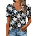 thumbnail image 1 of Blouses à Manches Courtes pour Femmes, Mode Décontractée, Manches Bouffantes, Col en V, Imprimé, 1 of 4