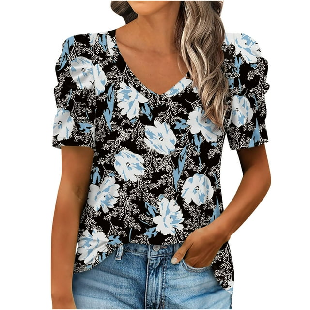 Blouses à Manches Courtes pour Femmes, Mode Décontractée, Manches Bouffantes, Col en V, Imprimé