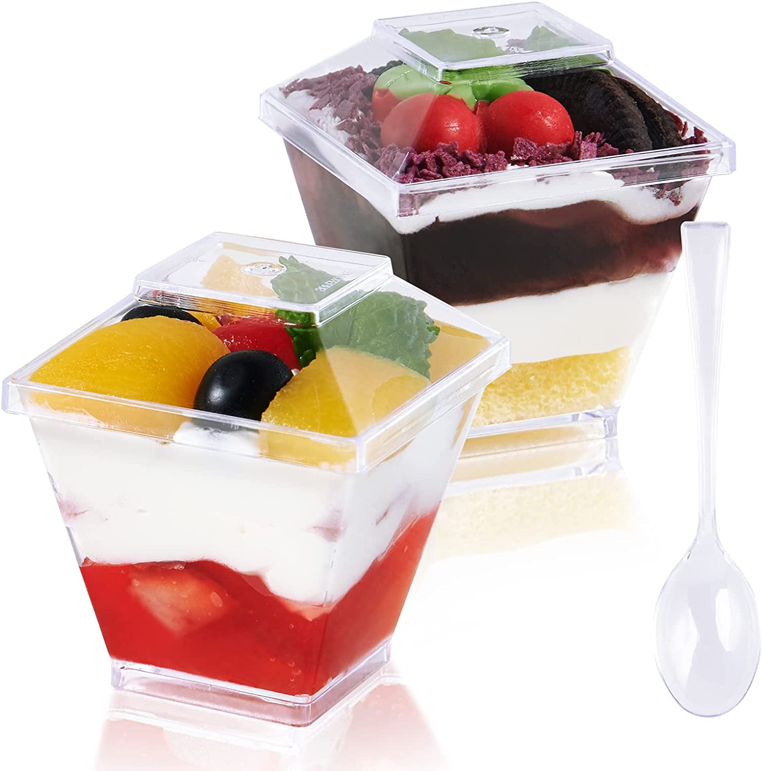 JuneHeart 60 Pcs Disposable Square Dessert Cups with Lids,8 oz Plastic  Fruit Cups with Lid Parfait Cups for Party,Wedding,Mousse and Banana  Pudding.
