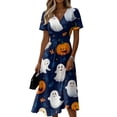 thumbnail image 2 of Womens Halloween Dress Bat Short Sleeve Pumpkin Funny Wedding Guest Dress Witch Hat V Neck Casual Wrap Dresses 3XL, 2 of 5