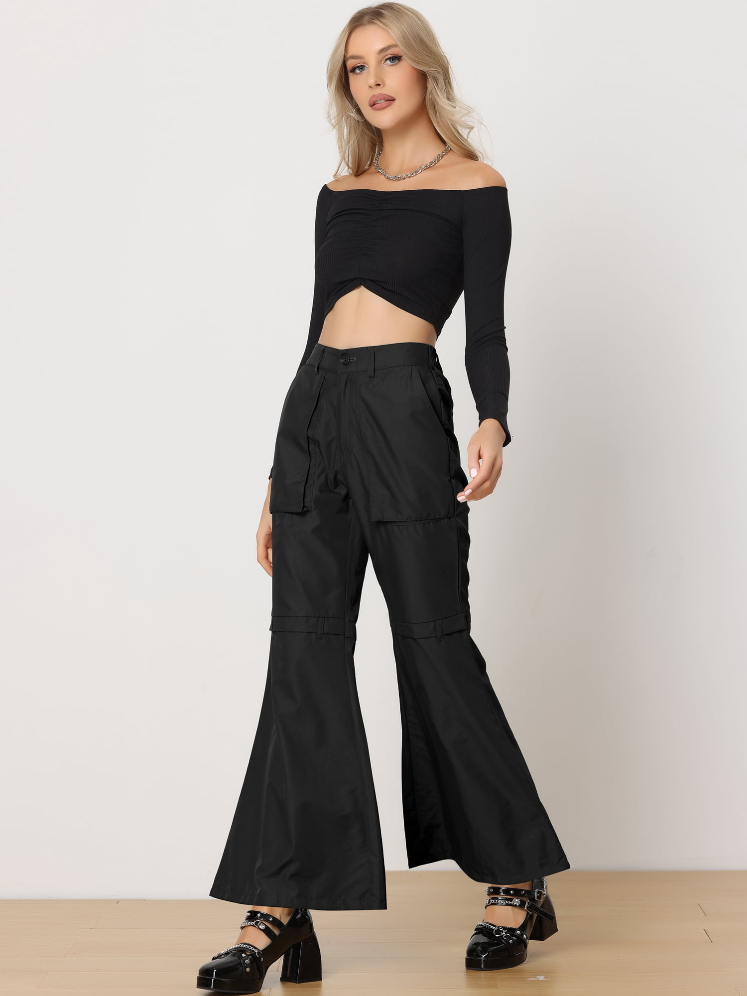 DARING DIVA Women's Cargo Baggy High Waisted Wide Leg Casual Pants XS Black