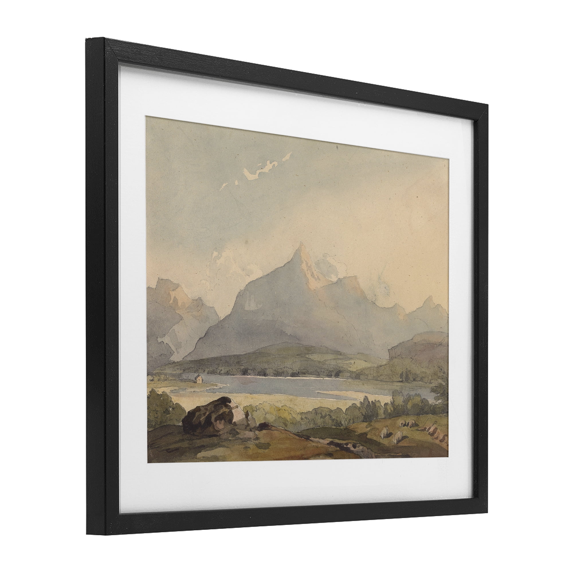 Peaceful Hazy Mountains Black Framed Print Under Glass, design by Lettered and Lined