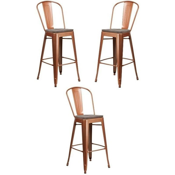 Home Square 30" Metal Bar Stool in Copper and Wood Grain - Set of 3