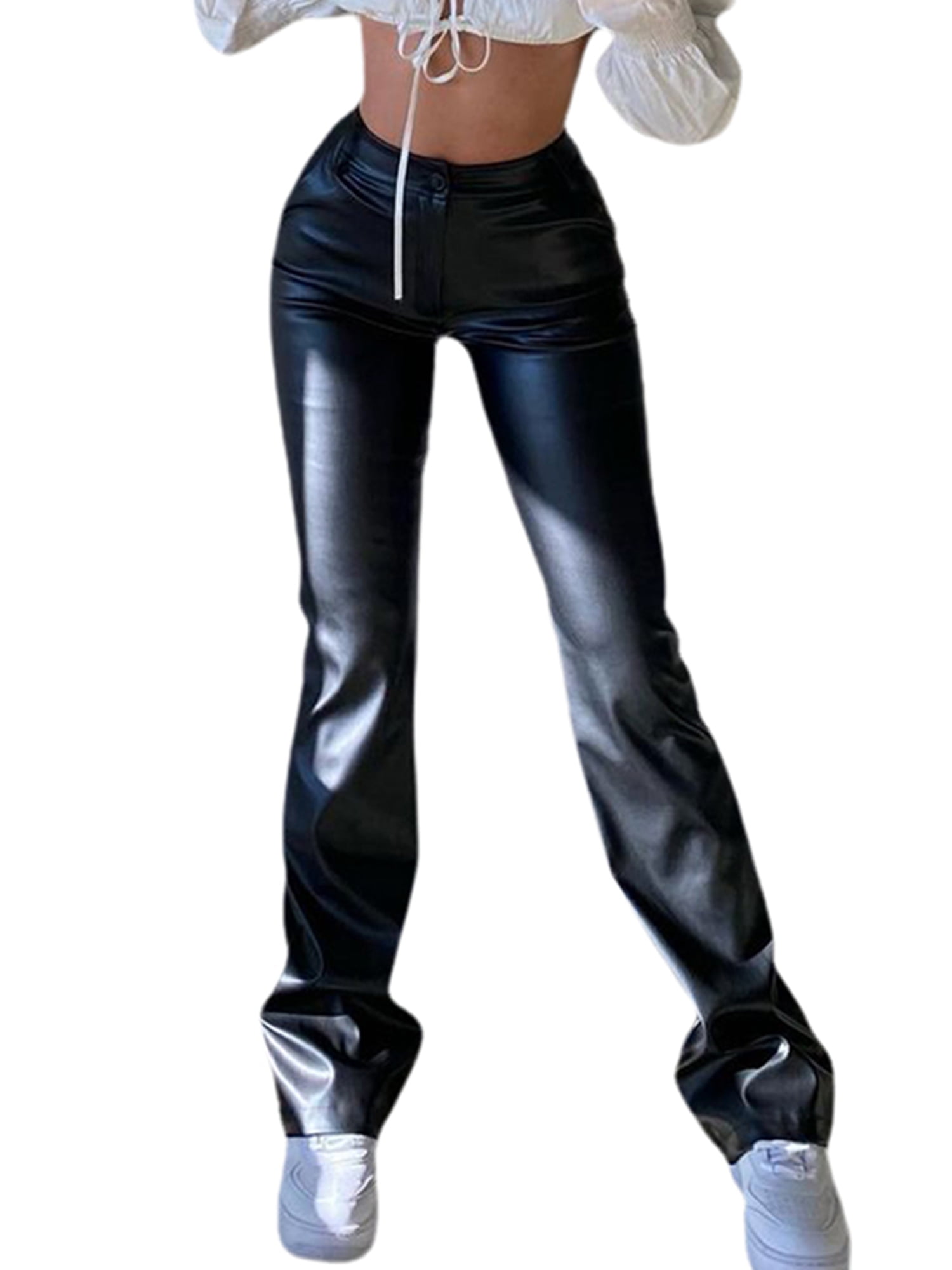 Womens Leather Wet Look Trousers High Waist Hollow Out Bell Bottom Flared Pants 