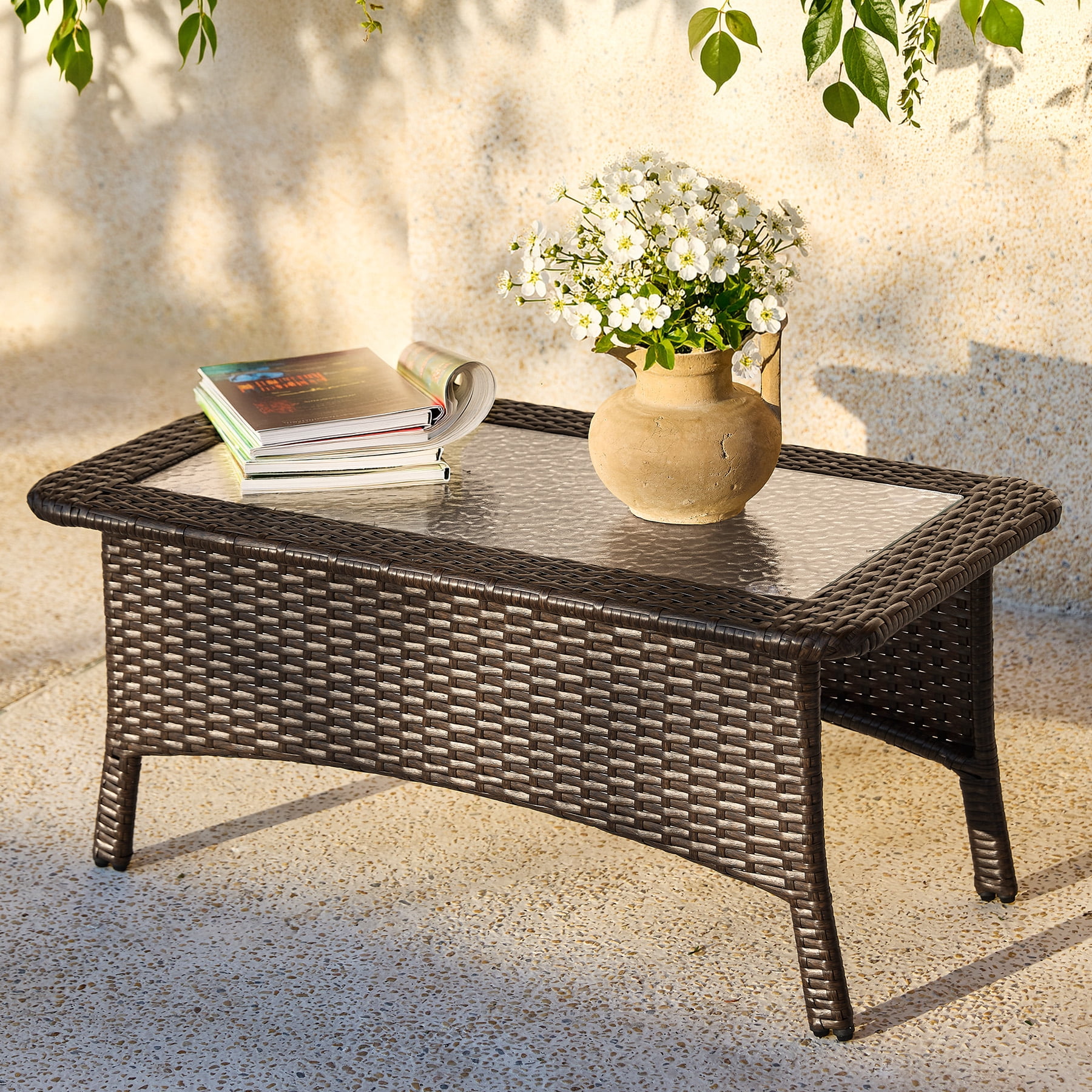 Fnova Outdoor Wicker Rectangular Coffee Table, PE Rattan Patio Table with Tempered Glass Top, Large Outdoor Furniture for Patio Backyard Garden