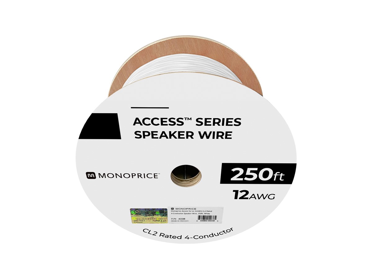 Monoprice Speaker Wire, CL2 Rated, 4-Conductor, 12AWG, 250ft, White