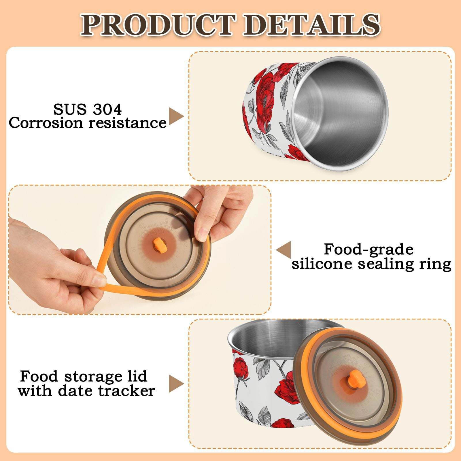 Red Peony Flowers Airtight Coffee Bean Canister 30oz Food Storage Containers with Lids For Gournd, Tea, Sugar, Flour, Rice, Cereal, Candy Cookie Jar