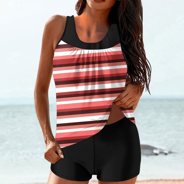 Pisexur Maillots de Bain pour Femmes Femmes Conservateur Imprimé à Bretelles Croisées dans le Dos Ensemble Deux Pièces Maillots de Bain Robe de Bain Rouge,P