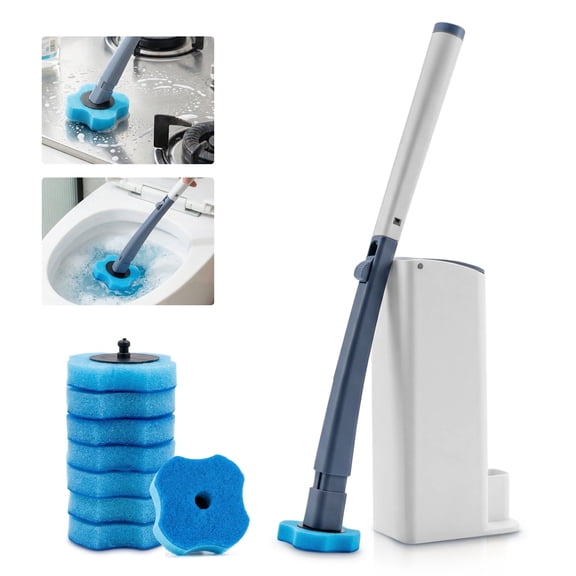 Toilet Bowl Wand Toilet Refills Cleaner Kit- Toilet Brush, Storage Caddy and 8 Disinfecting Refill Heads with Ocean Blue Fresh Flavor