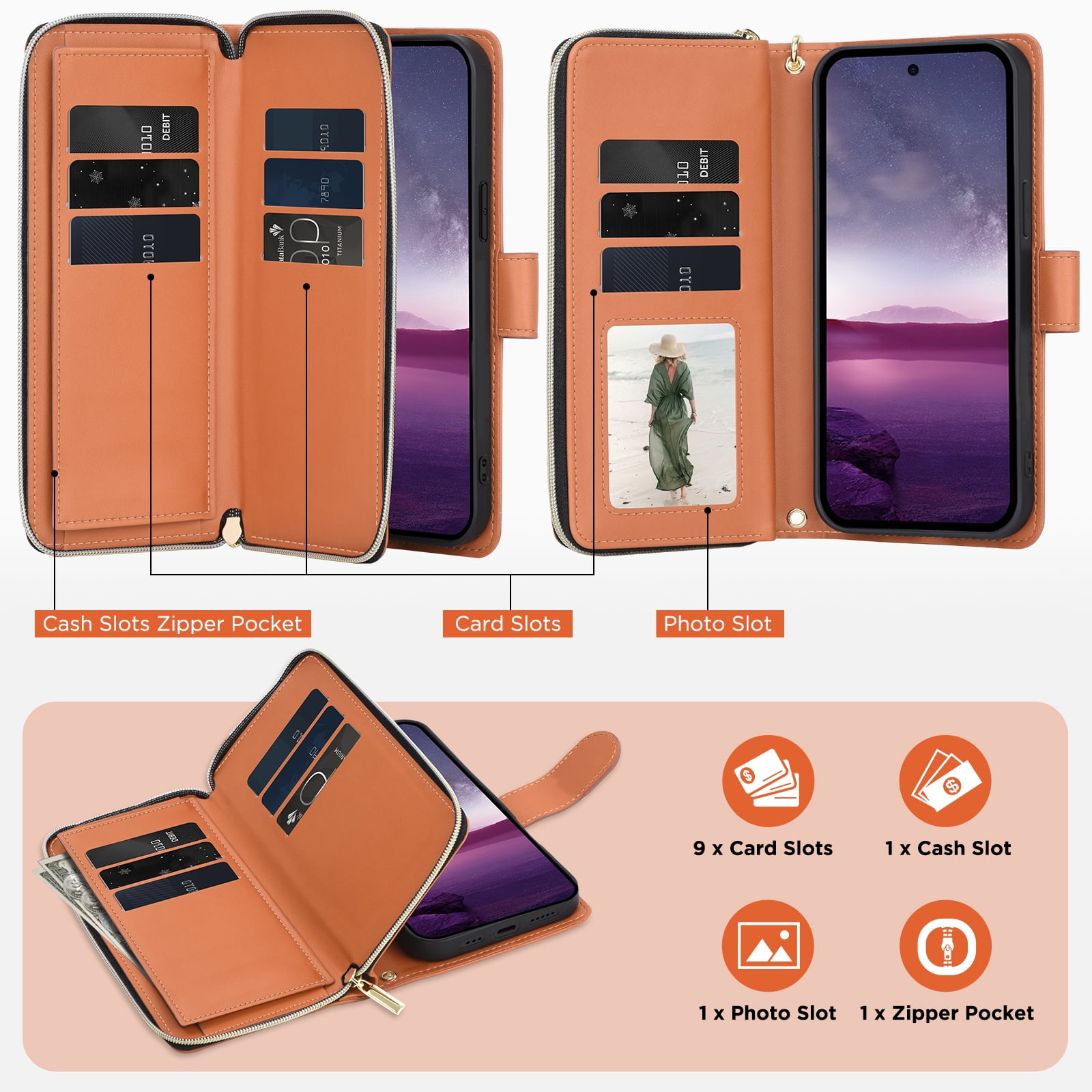 for Samsung Galaxy A56 5G Crossbody Wallet Case with 9 Card Holders, Cash Slot, Photo Slot, Zipper Pocket PU Leather Magnetic Snap Wallet Phone Case with Flip Stand & Wrist Strap & Lanyard, Brown