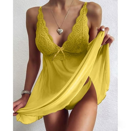 GZWYHT Nightgowns for Women Clearance Women S Sleepwear Sexy Underwear Women Suspenders Lace Transparent Dress Pajamas Lingerie Lingerie for Women Chemise Nightgowns  Yellow M