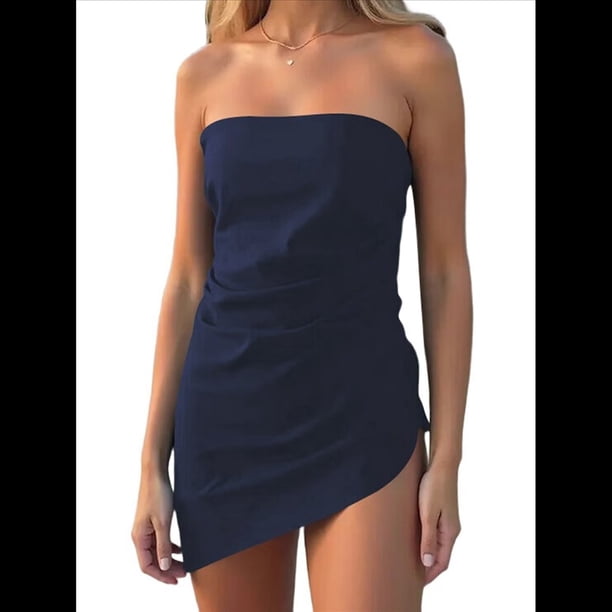 Tops de Tubo de Verano para Mujer 2025, Blusas de Moda Sin Tirantes Fruncidas para Salir, Conjuntos de Camisetas Bandeau Asimétricas. Azul Marino L