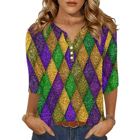 Mardi Gras Shirts Womens Sparkly Feathers Print 3/4 Sleeve Graphic Tee Glitter V Neck Gold T Shirts Green S