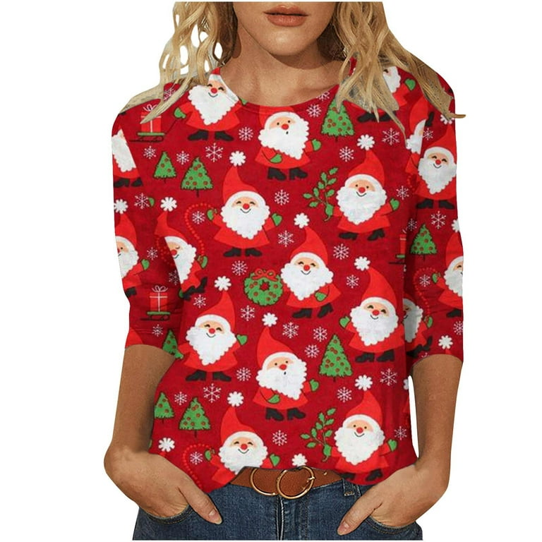 Jacenvly Womens Tops Fall Clearance 3/4 Sleeves Christmas Santa Claus Print  Fall Outfits for Women Cute Casual Round Neck Sweaters Light Soft  Comfortable and Warm 