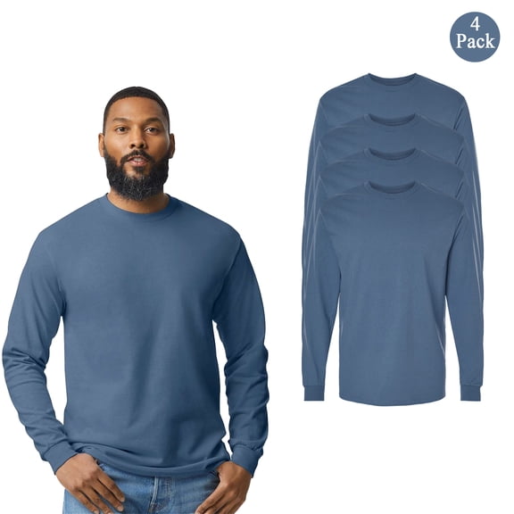 Gildan Men Heavy Cotton Long Sleeve T-Shirt, Durable Crew Neck Classic Fit Indigo Blue Tee 4-Pack S