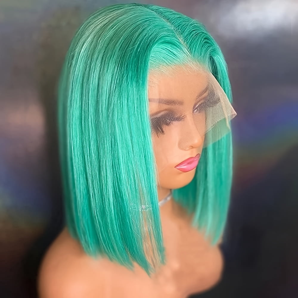 Mscathy Blue Green Colored Double Drawn Remy Brazilian Hair Lace Part Wig With Natural Hairline Short Bob 100% Human Hair 13x4x1 Middle Part Wigs Pre Plucked 180% Density