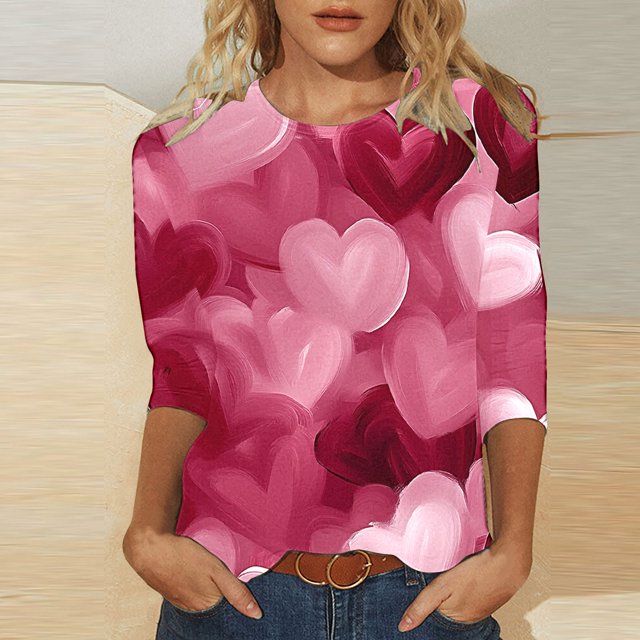 Styesk T-Shirts pour Femmes à Manches 3/4 Longueur, Imprimé Cœur, Hauts de Sortie, T-Shirts Confortables et Doux à Col Rond, Chandail à Enfiler, T-shirt Léger de Mode, Graphique de la Saint-Valentin, Grande Taille, Hauts Décontractés