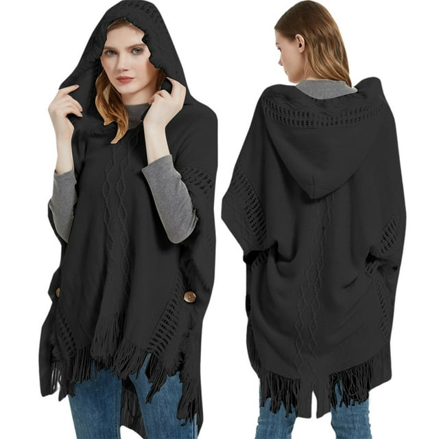 TINZ Mode pour Femmes à Franges Printemps et Automne Hiver Chandail à Manches Chauve-Souris Chandail Cape Rayée Chandail à Capuche Châle Haut Robe Châle pour Femmes Châle Enveloppe Cape d'Hiver avec Capuche Femmes
