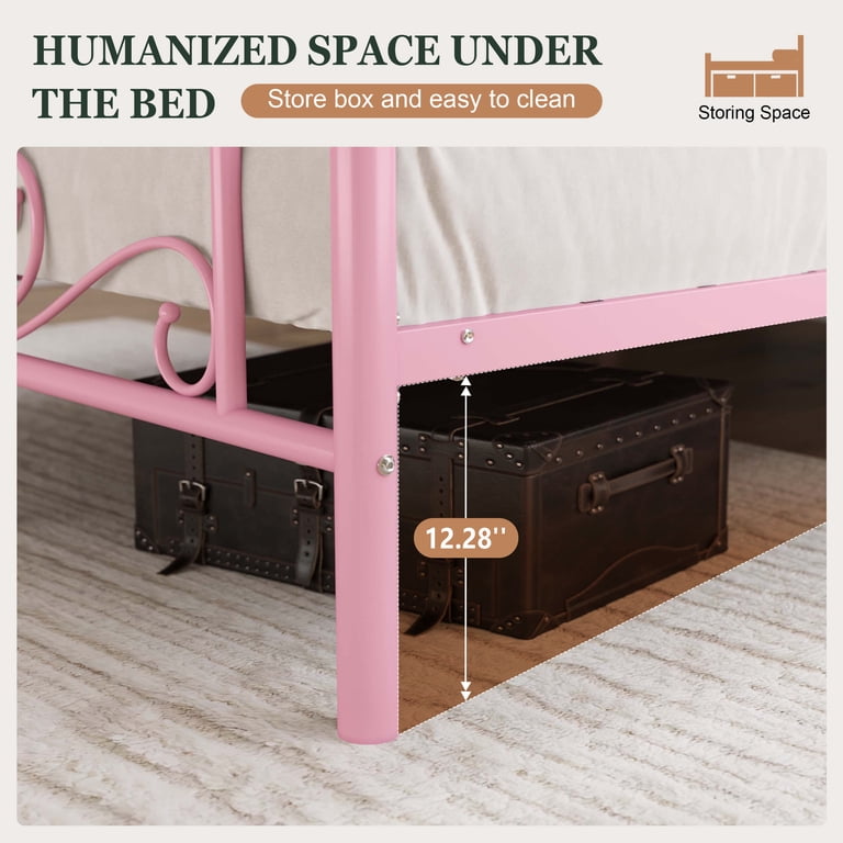 Amolife Queen Metal Platform Bed with Butterfly Headboard, Pink photo 5