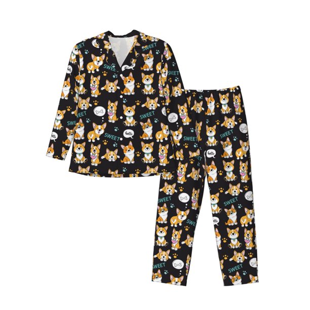 Balery Cute Dogs Corgi Pijama para Hombre de Dos Piezas con Manga Larga, Conjunto de Dormir y Descanso Suave con Bolsillos-Large