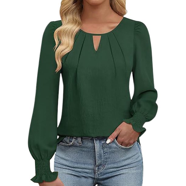 Camisa de mujer de color liso con pliegues y aberturas - Material de poliéster, tallas S-XL, cuello redondo informal, lavable a máquina