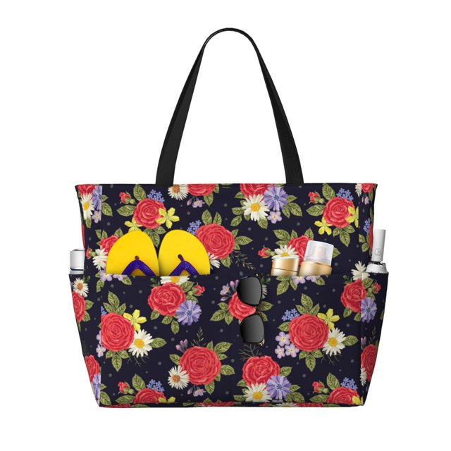 Fotbe Red Rose Flower Bolsa de Viaje para Playa - Resistente al Agua, Bolsa Tote de Gran Capacidad y Ligera con 7 Bolsillos para Mujeres y Hombres