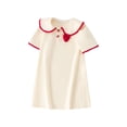 thumbnail image 3 of THDHVS Dresses for Girls,Solid Color Doll Collar Dress with Strawberry Decor Short Sleeve for Girls Summer Wear,Toddler Girl Dress Beige 1-2 Years, 3 of 4