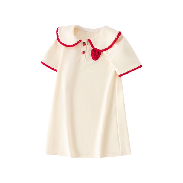Odeerbi Niñas Vestido de Tenis Fresa Bordado Cuello Peter Pan Manga Corta Algodón Casual Vestido de Golf de Línea A
