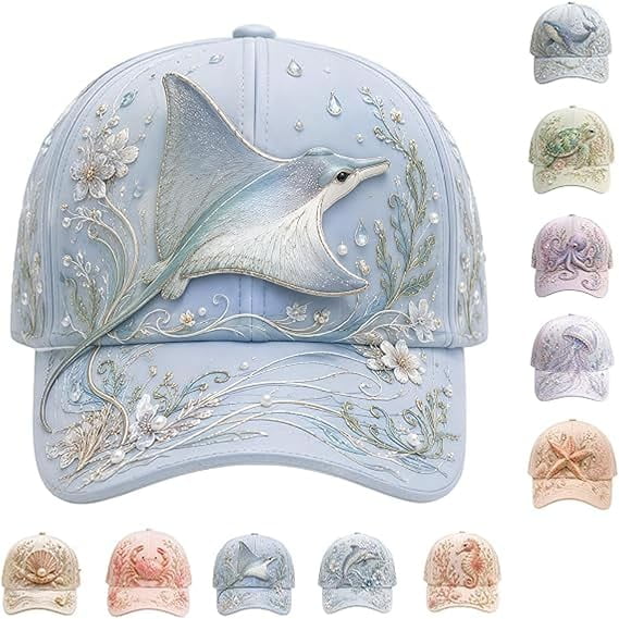 3D Ocean Creatures Embroidery Cap, Adjustable Cotton Baseball Caps with Raised Embroidered Sea Animals for Man Woman