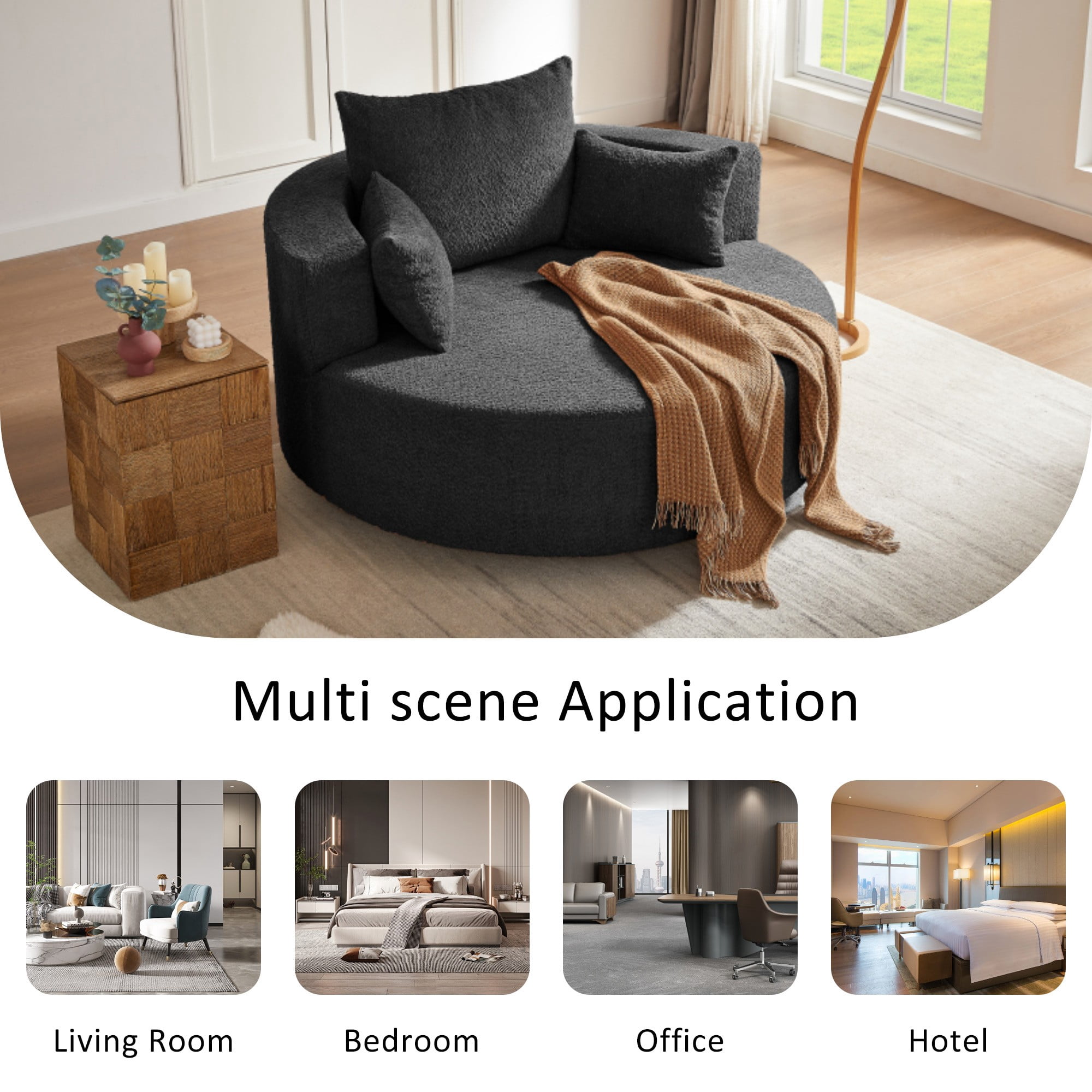 Swivel Round Sofa Couch Sofa Bed,360° Swivel Chair Accent Barrel Chair with 3 Removable Pillows for Living Room, Bedroom,Black