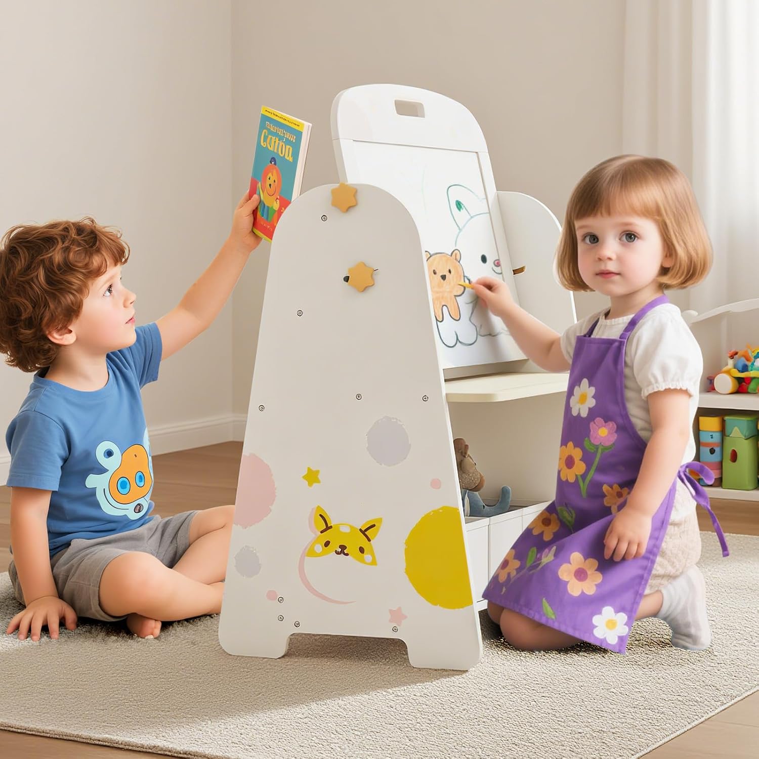 OLAKIDS Easel for Kids with Stool, 4-in-1 Double-Sided Adjustable Magnetic Chalkboard with Paper Roll, Bookshelves, Wheels, Wooden Standing Painting Drawing Art Board for Boys Girls