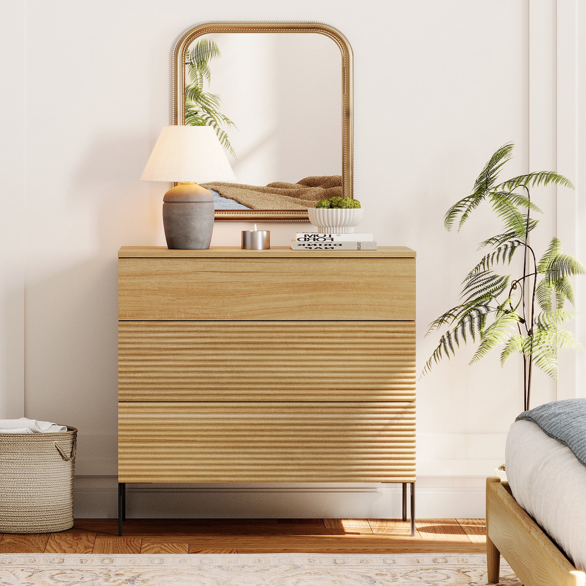 31.5" Wood Accent Chest with Drawers, Modern Credenza Storage Cabinet with Reeded Design for Living Room, Kitchen, Dining Room, Hallway