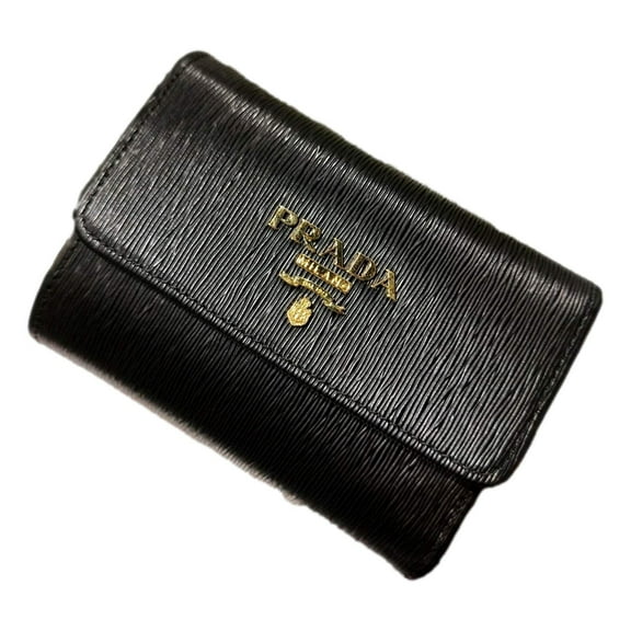 Prada Vitello Move Nero Black Trifold Coin Zipper Snap Card Holder Wallet