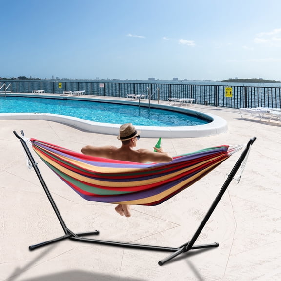 Demete Basics Double Hammock with Space Saving Metal Stand, Indoor Hammock Stand with Carrying Bag, Strong Load-Bearing, Striped Print