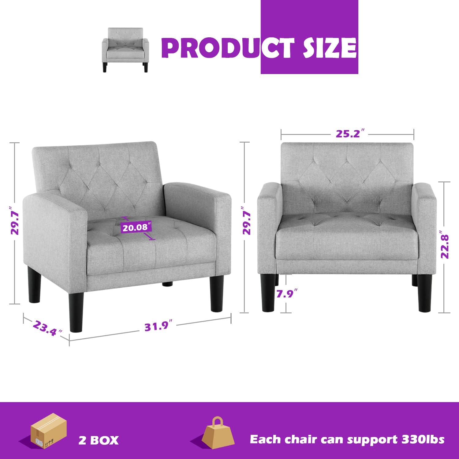 LAZZO Fabric Accent Arm Chair Set of 2, Wooden Frame Single Chair for Outdoor/Indoor Proch, (Light Grey)