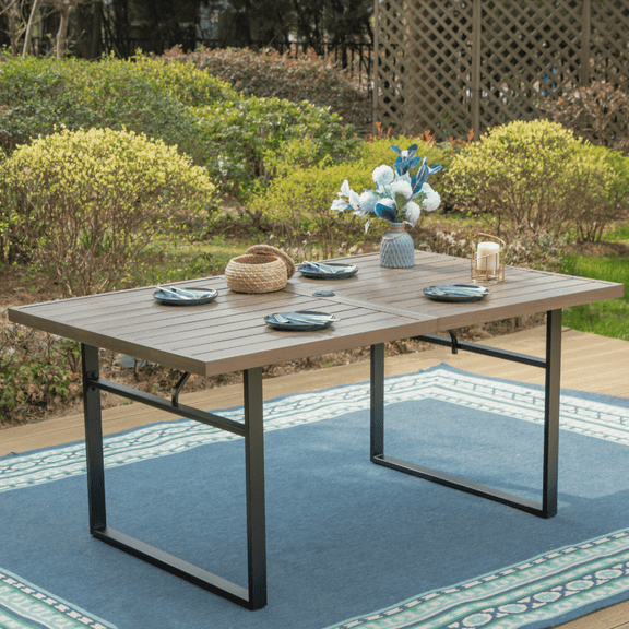 SUMMIT LIVING 64" x 38" Outdoor Patio Dining Table with Umbrella Hole for 6, Wood Grain Table Top & U-shape Leg, Black & Brown