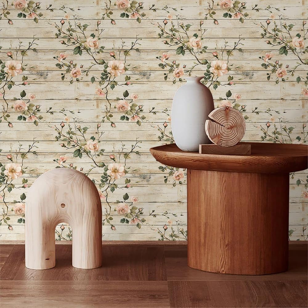 Rustic Wood Pink Wildflower Vine Rose Flower Peel and Stick Wallpaper Contact Paper Vintage Vinyl Stick on Wall Paper for Bedroom Bathroom Kitchen Cabinet Renter Friendly