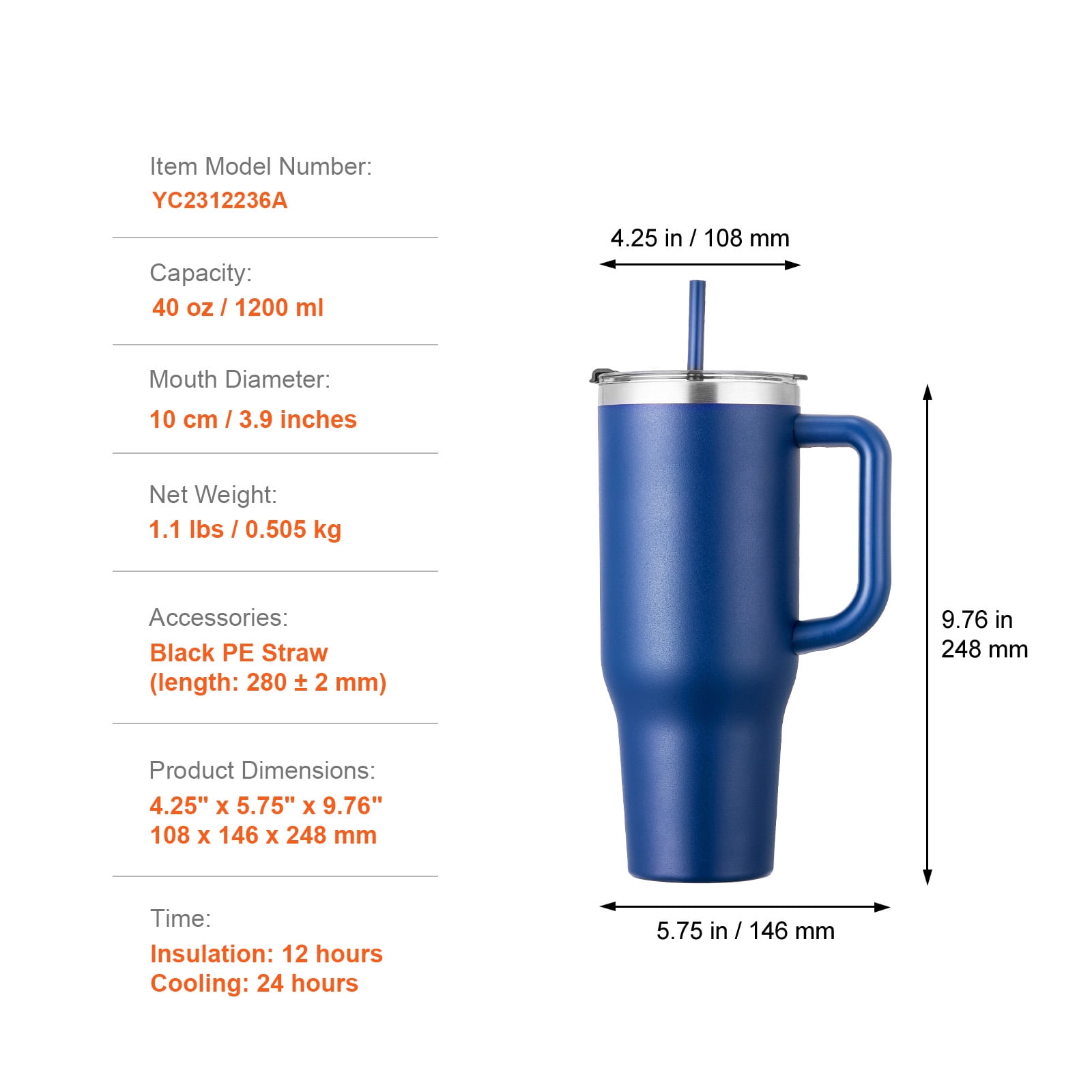 KFFKFF 40 oz Thermally Protected Water Container, Metallic Athletic Beverage Holder with Cover, Portable Journey Java Tumbler Dual Layered, Leakproof Wilderness Hydration Vessel, Blue