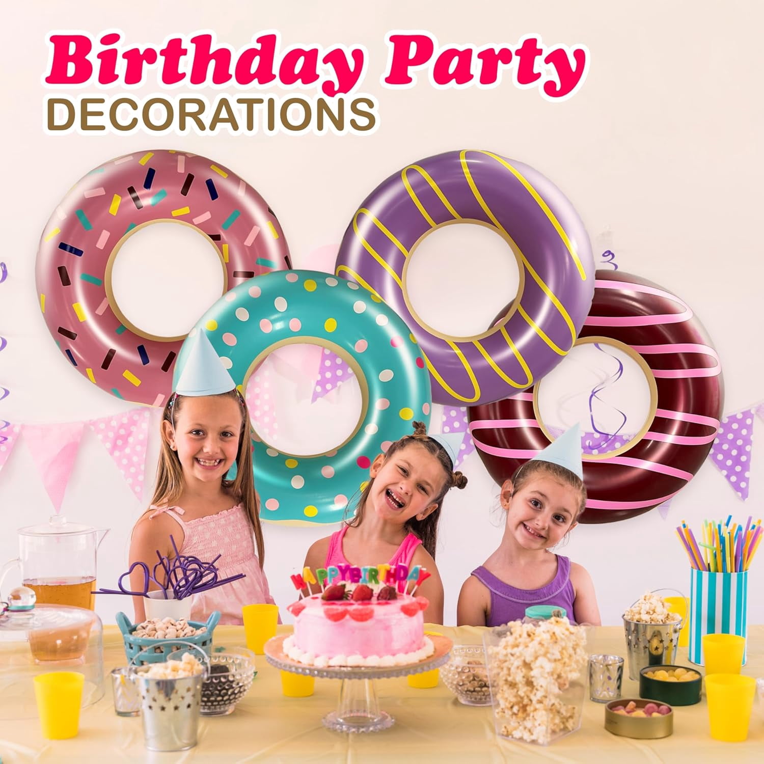 4E's Novelty 4-Pack Pool Donut Floats 30" Swim Rings For Kids & Adults, Vibrant, Durable Pool Party Floaties