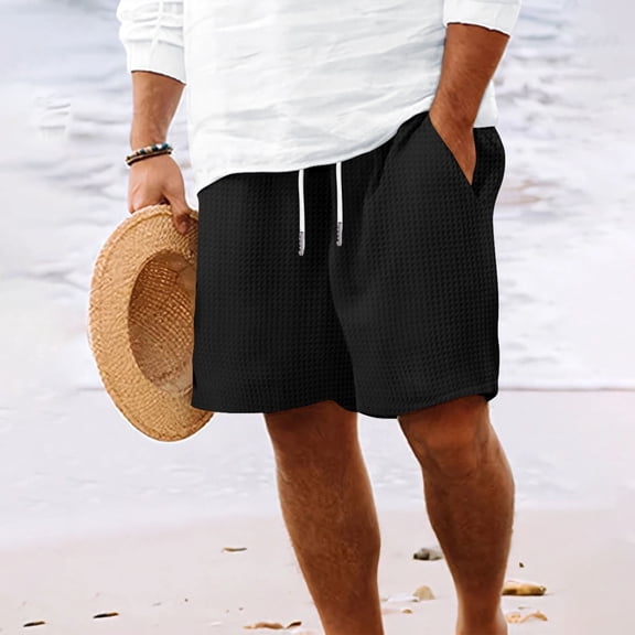 Jyeity Mens Shorts Breathable Waffle,Beach,Sporty Loose Drawstring Black Shorts