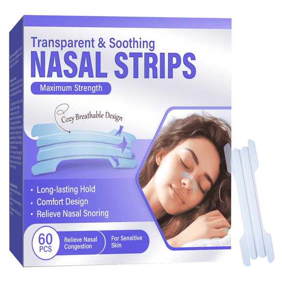 Nose Strips for Breathing, Nasal Strips for Snoring, Maximum Strength Transparent Breathing Strips for Sensitive Skin and Congestion Relief, 60 Count