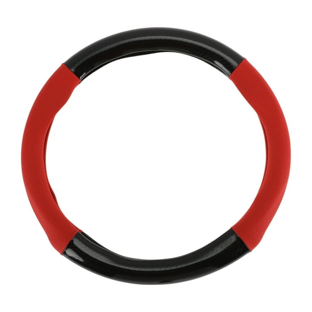 Cubierta de volante de cuero artificial PU Unique Bargains ABS Protector de volante de automóvil 14.96" Negro Rojo patrón de fibra de carbono