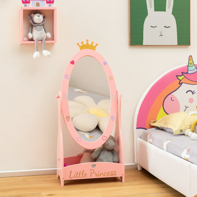 Costway Kids Full Length Mirror Free-Standing 360° Dressing Wooden Princess  Storage Pink 