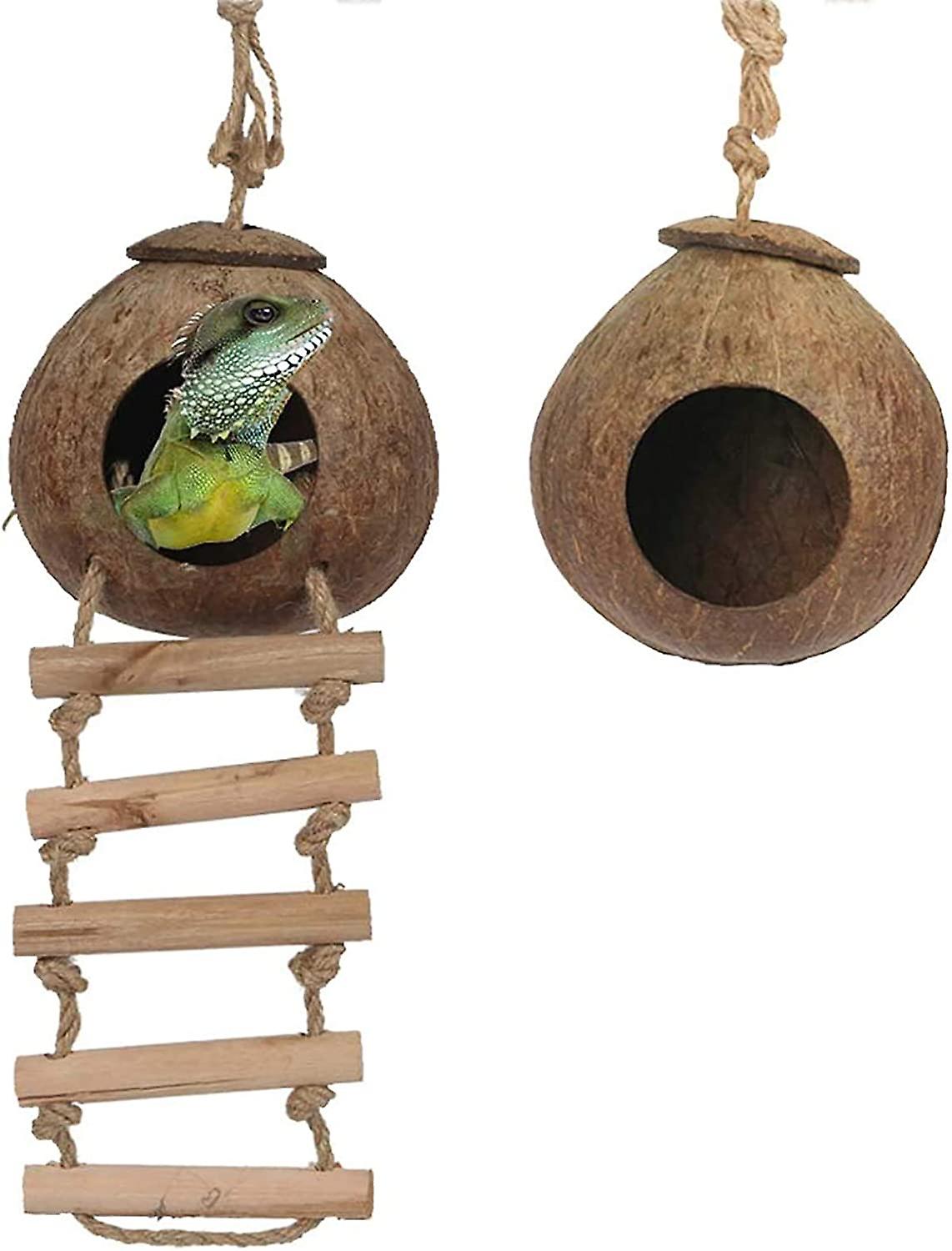Natural Coconut Shell Gecko Nest House Reptile Hideouts Bed Cage Toy With Ladder Hanging Loop For Lizards Chameleon Gecko Snakes Small Animal 2 Pcs