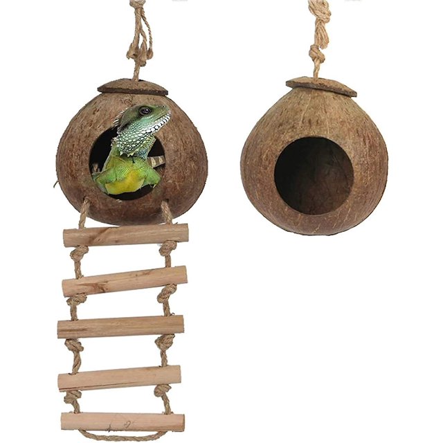 Natural Coconut Shell Gecko Nest House Reptile Hideouts Bed Cage Toy With Ladder Hanging Loop For Lizards Chameleon Gecko Snakes Small Animal 2 Pcs
