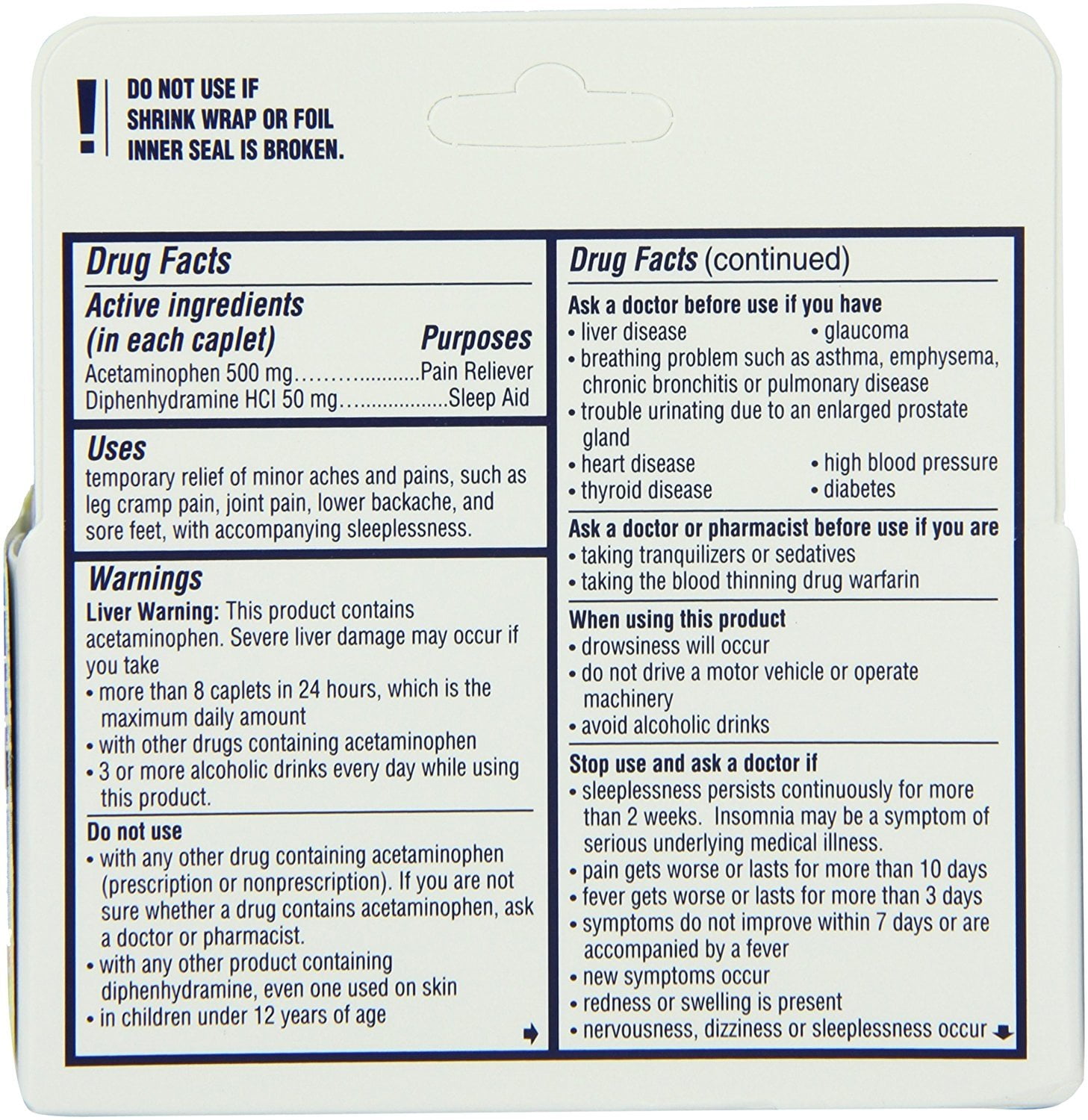 2 Pack Legatrin PM Caplets Advanced Formula Pain Reliever with Sleep Aid 50 Each