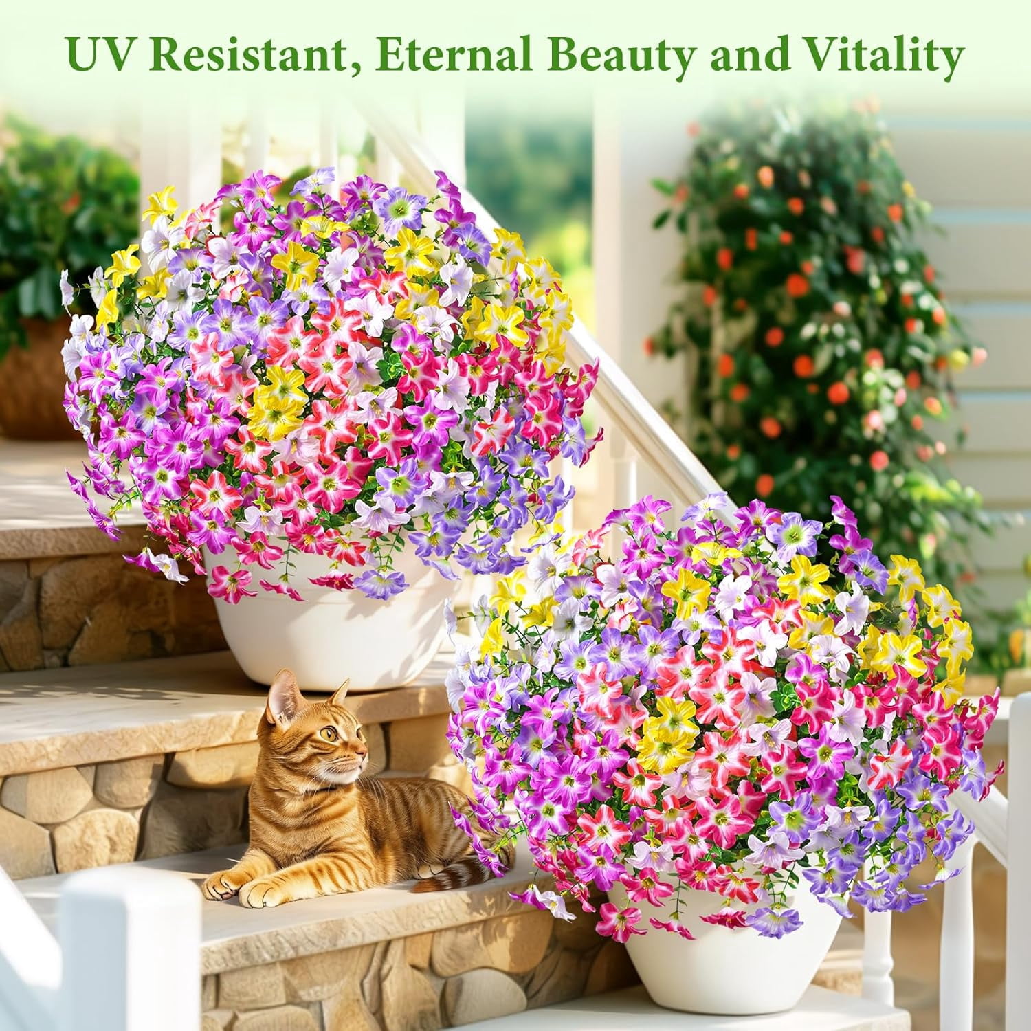 Yastouay 24 Bundles Artificial Petunias Flowers for Outdoors,UV Resistant Fake Flowers for Planters,Mixcolor Faux Petunias Silk Flowers for Proch Garden Yard Decor