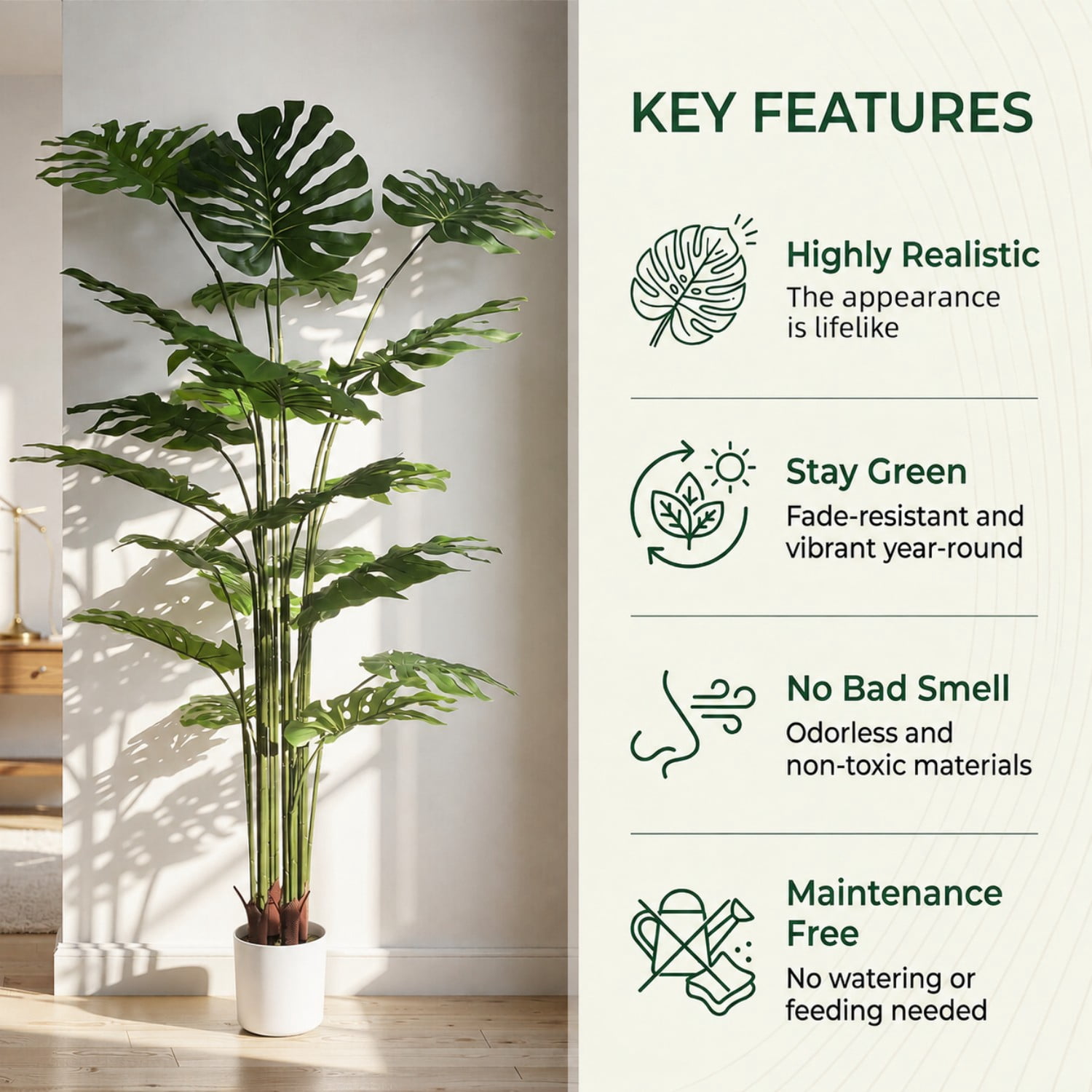 BEAUTYPEAK 6.6FT Artificial Plant Fake Indoor Monstera Plant Decorative Outdoor Greenery in White Pot