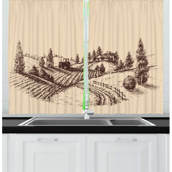 Harvest Kitchen Curtains, Old Engraved Style Countryside Illustration with Village and Farmland, Two Panels Drapes with Rod Pocket Room Decor, 55" X 45", Beige and Charcoal Grey, by Ambesonne