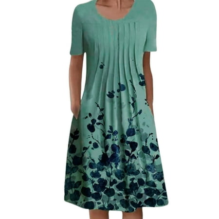 

Summer Dress for Women Tunic Round Neck Short Sleeve Dress Folding Floral Printed Dresses Boho Beach Dress